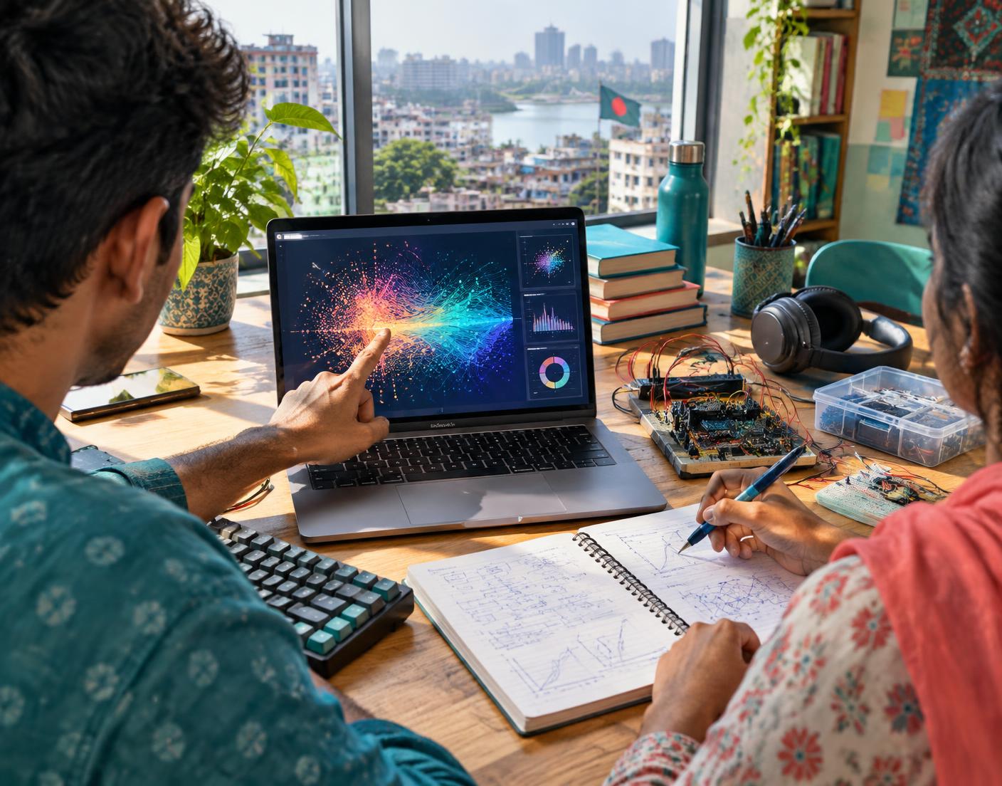 Two students learning technology and data together on a laptop